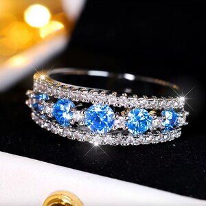 NEW 14k White Gold Blue Topaz Diamond Ring Band